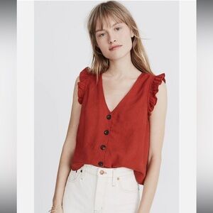 Linen-Blend Ruffle Button-Front Tank